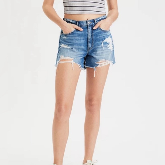 American Eagle Outfitters 90s Boyfriend Distressed High Waisted Blue Jean Shorts - Picture 7 of 9